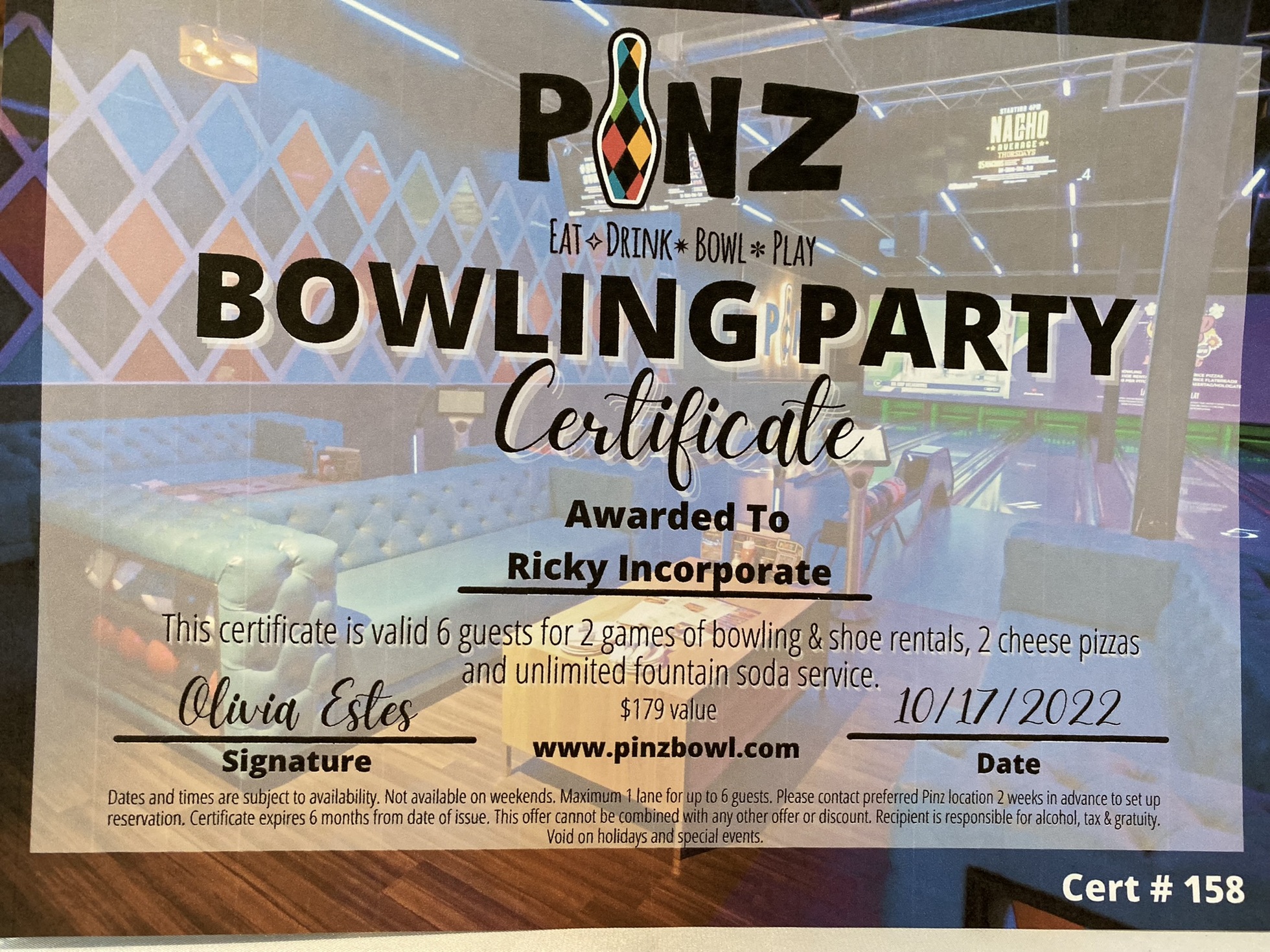 PINZ Bowling Party Ricky Inc. Auction 2022